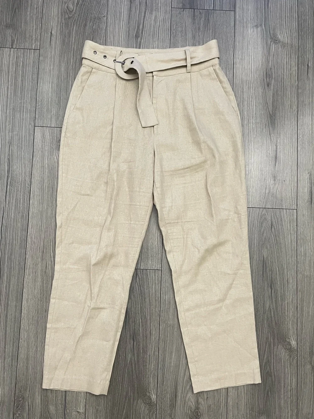 Anine Bing Linen Elyse Trouser Belted Pants in Oat Size 40 EU